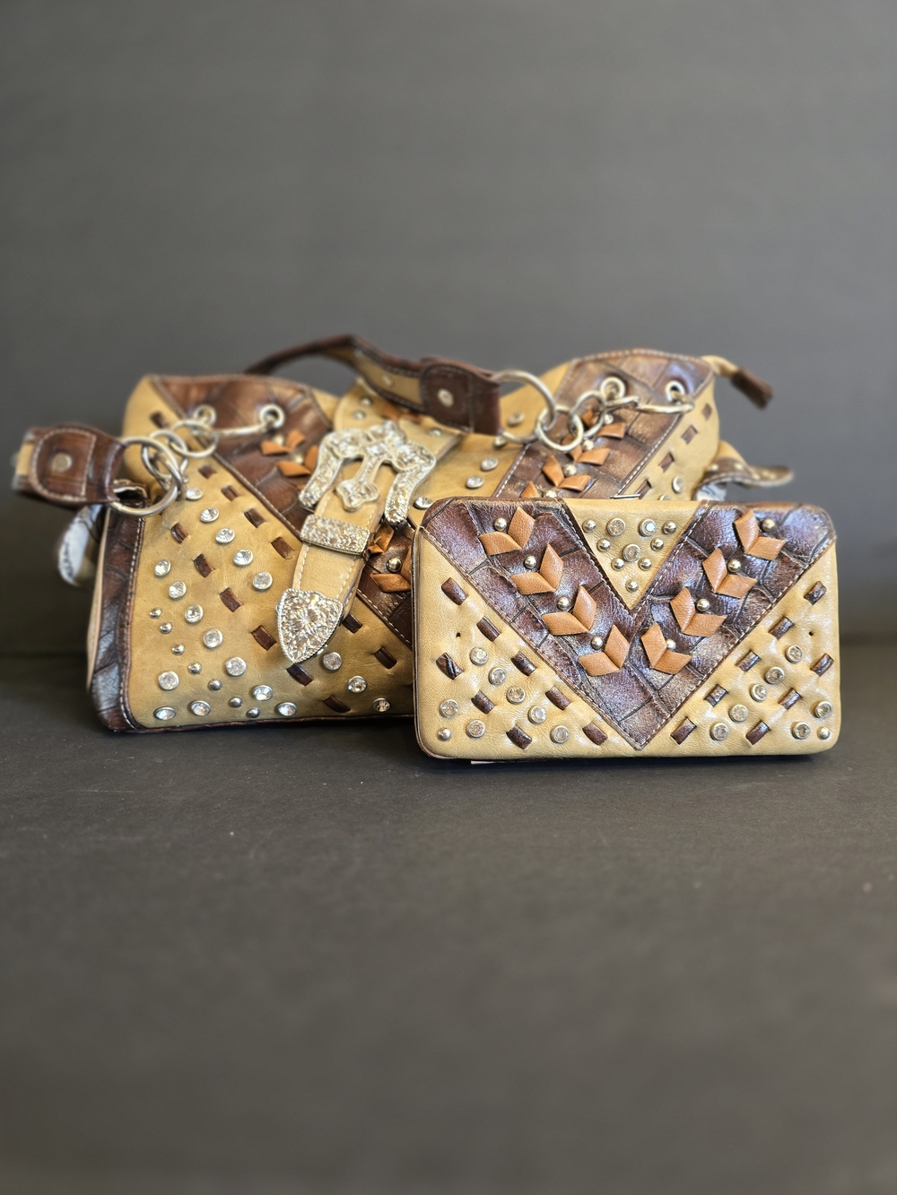 Montana West Tan and Brown Studded Woven Shoulder Bag & Wallet Set